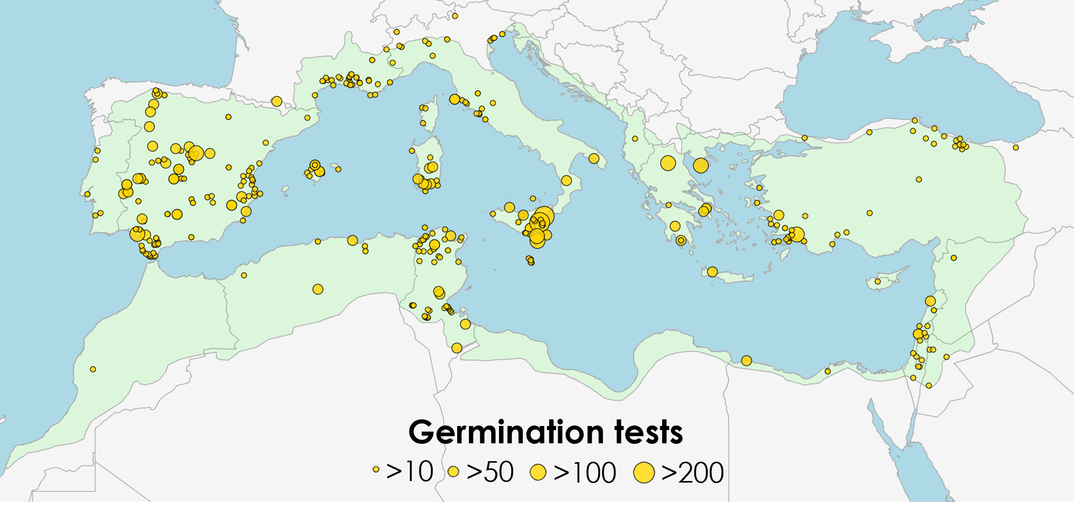 A map of the Mediterranean Basin including southern Europe, northern Africa and the Middle East. The regions nearest the Mediterranean Sea are highlighted in a light green colour, and dozens of yellow circles of differing size are scattered all over the green area. A key at the bottom of the image reads 'Germination tests' and beneath this writing are 4 yellow circles of different sizes, going from smallest to largest. The smallest circle in the key represents less than 10, the next size up represents less than 50, the next represents less than 100 and the largest circle represents less than 200. The map shows clusters of high germination test numbers in Sicily, southern Sardinia, Western Turkiye, Israel, northern Tunisia, Mallorca, and across Spain.