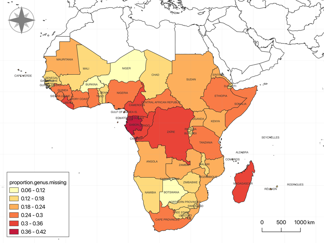 A map of sub-Saharan Africa showing in different shades of red and yellow the proportion of genera missing from the Millennium Seed Bank.