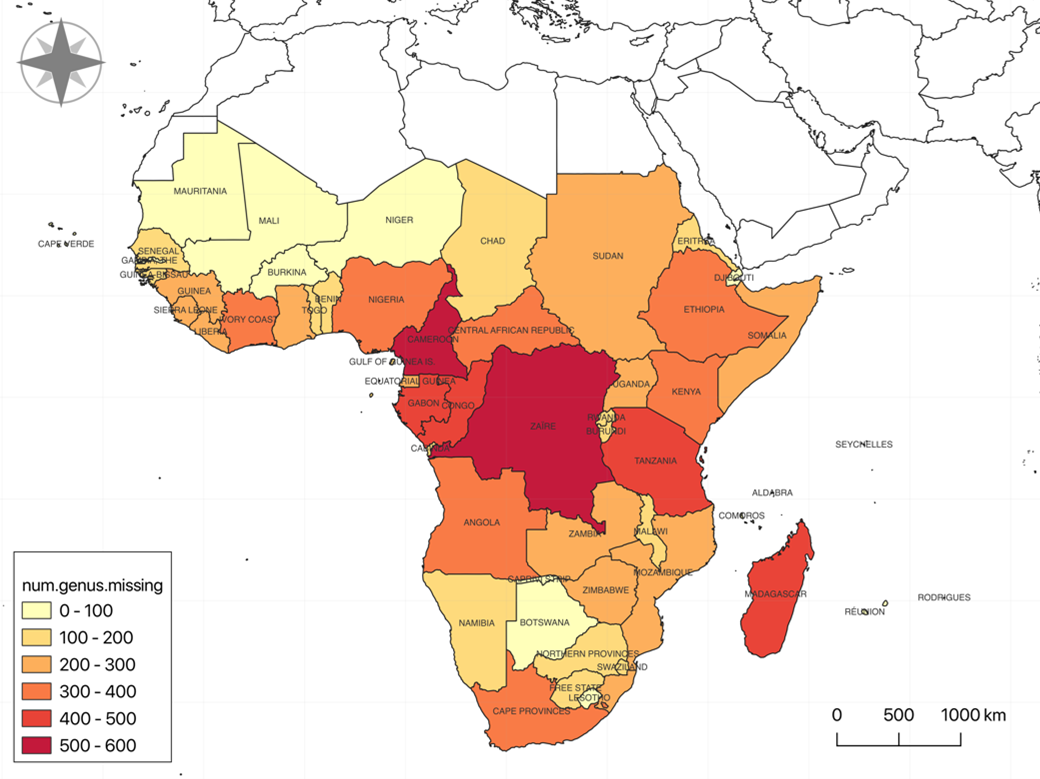 A map of sub-Saharan Africa showing in different shades of red and yellow the number of genera missing from the Millennium Seed Bank.