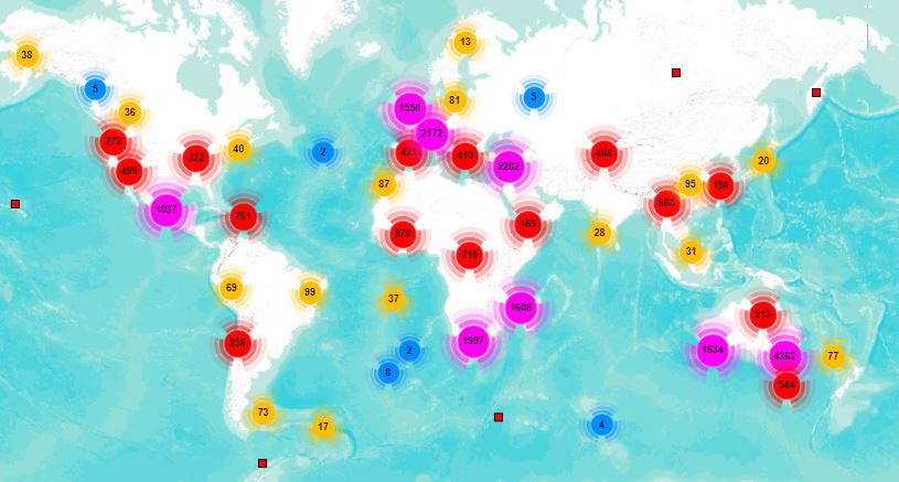 World map showing global hotspots for collections held within the MSBP Data Warehouse
