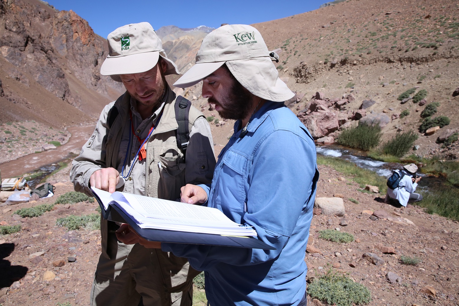 Two men stood looking at a clipboard. They are standing in a river valley with rocky slopes and sparse ground vegetation. They are both wearing baseball hats with INIA and Kew written on.
