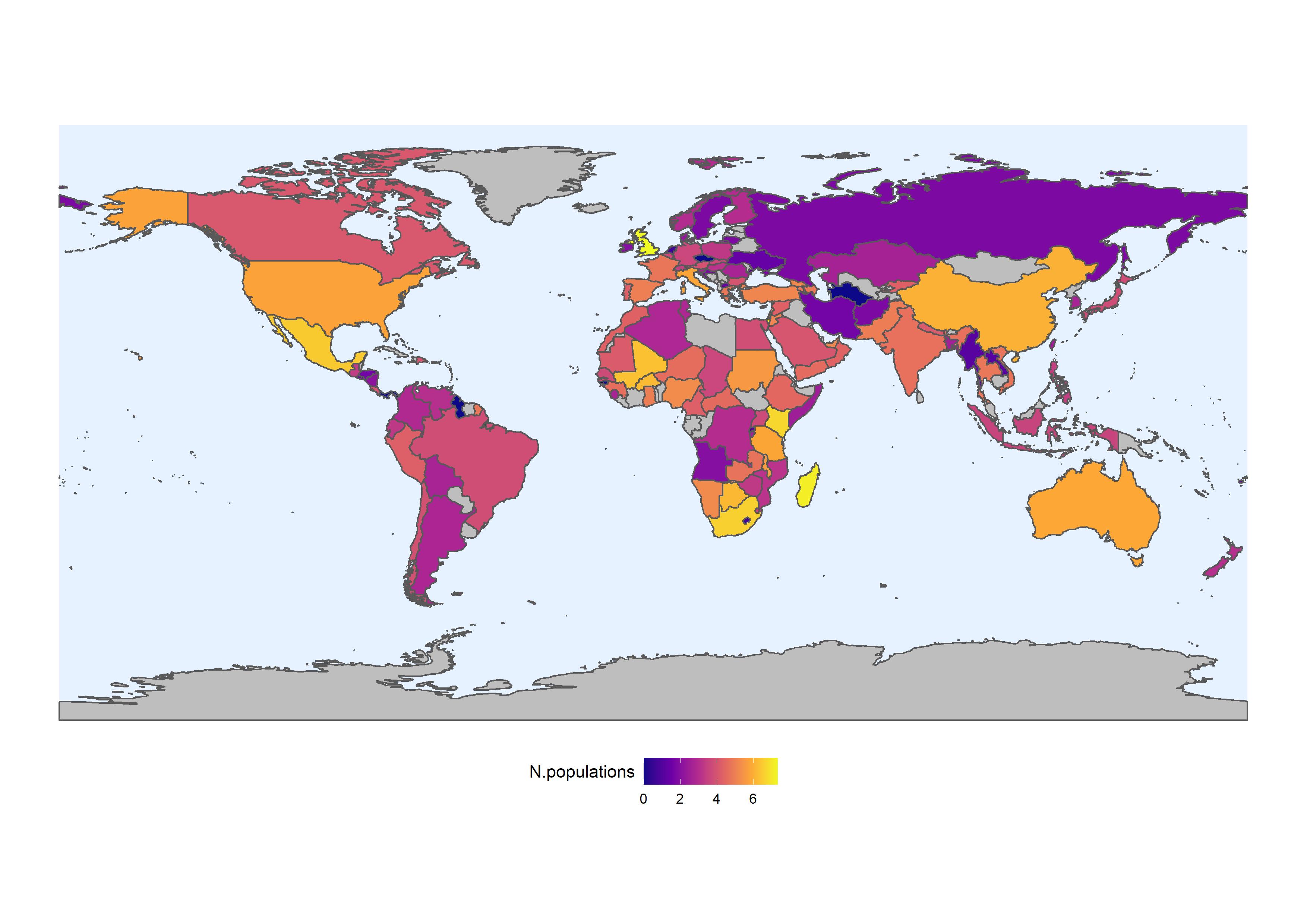 Gradient heat map of the world to show areas where high and low numbers of populations of WEP accessions are conserved across the MSB