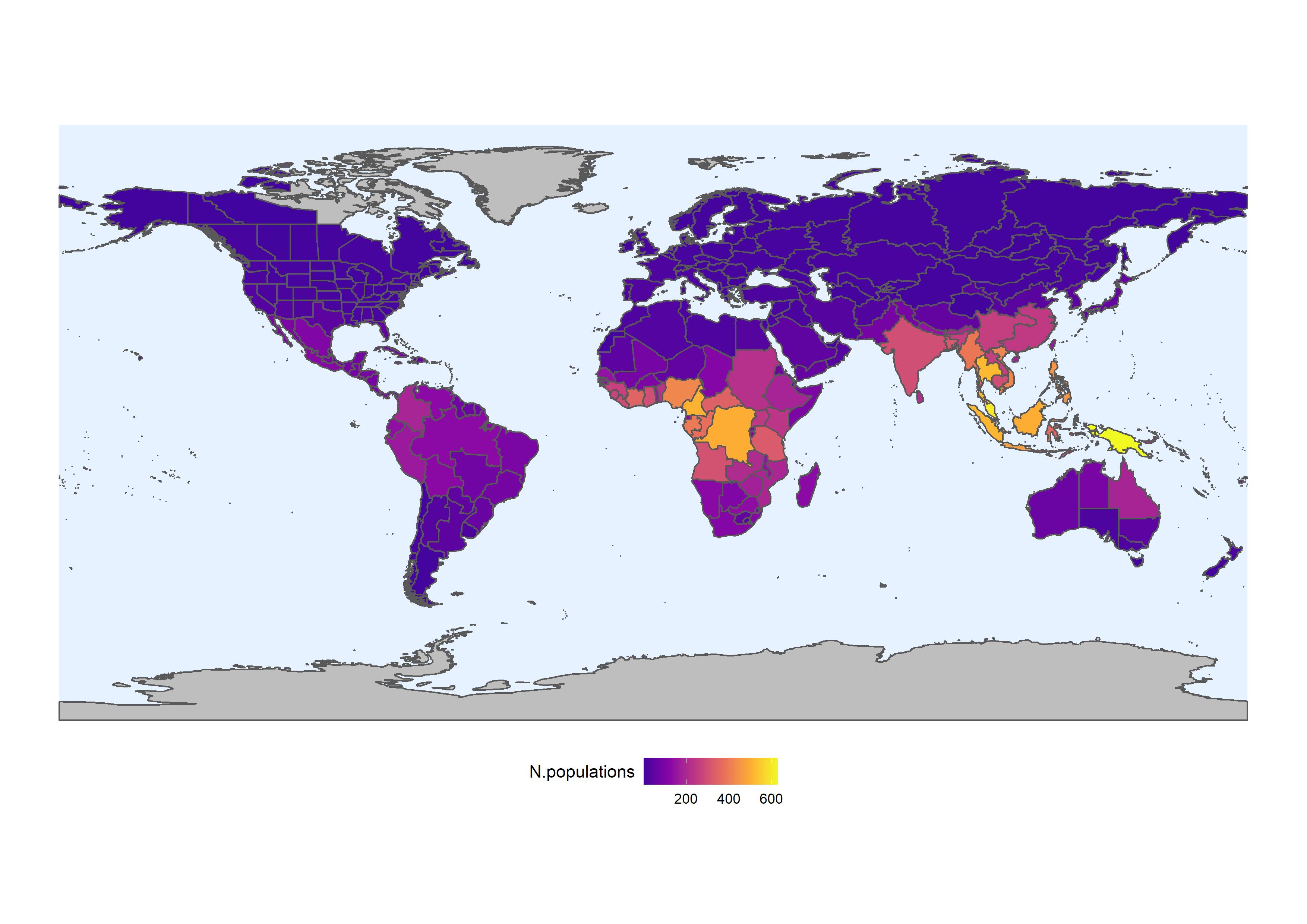 Gradient heat map of the world showing areas with high numbers of WEP populations not conserved. Described within article.