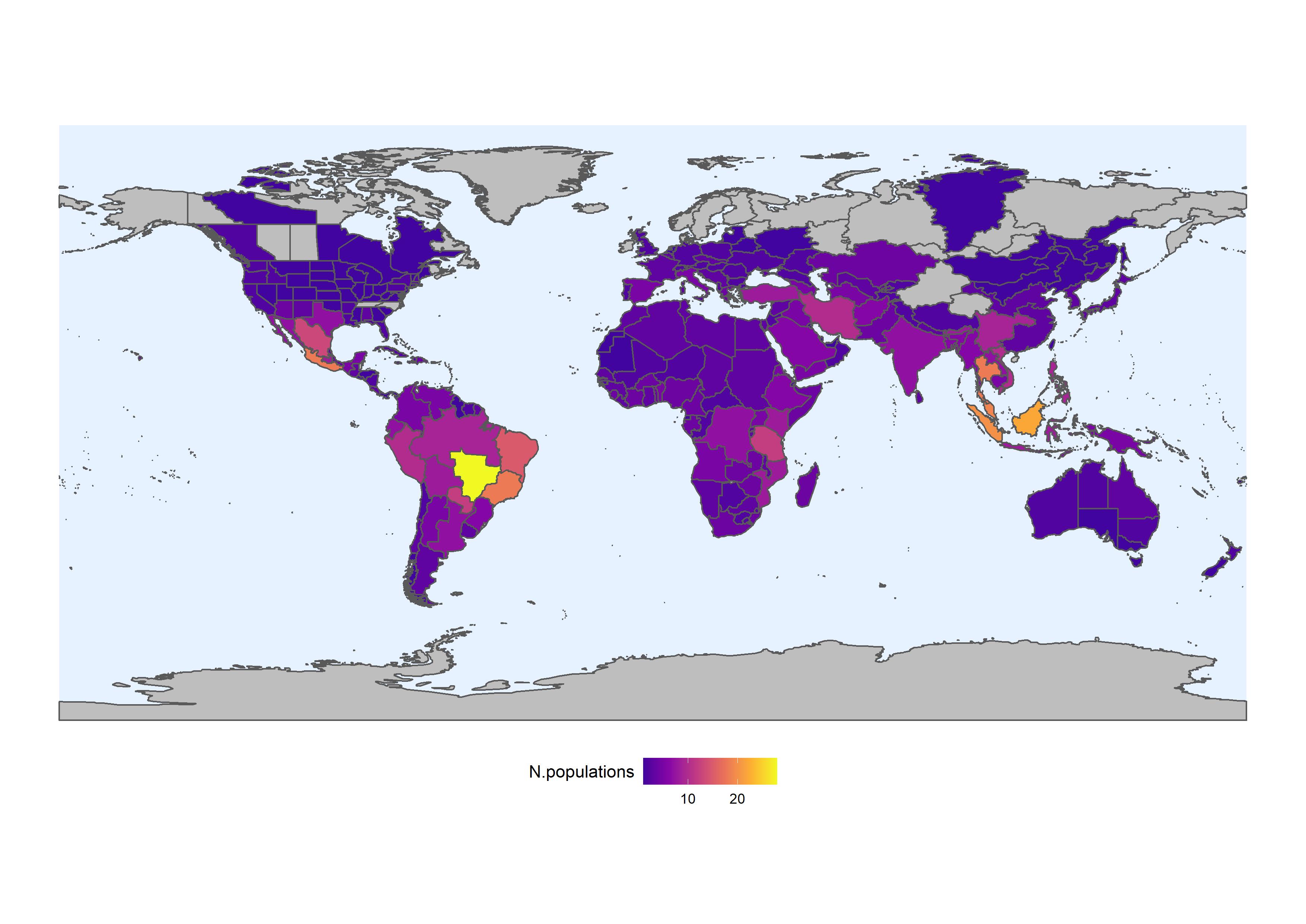 Gradient heat map of the world showing areas with high numbers of CWR populations not conserved. Described within article.