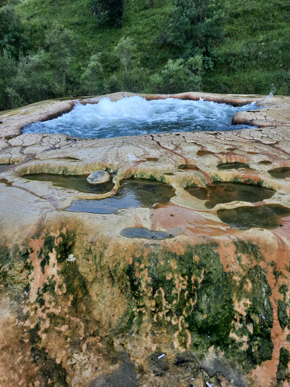 A flat-topped rock formation covered with lichen, water pools and a bubbling geyser