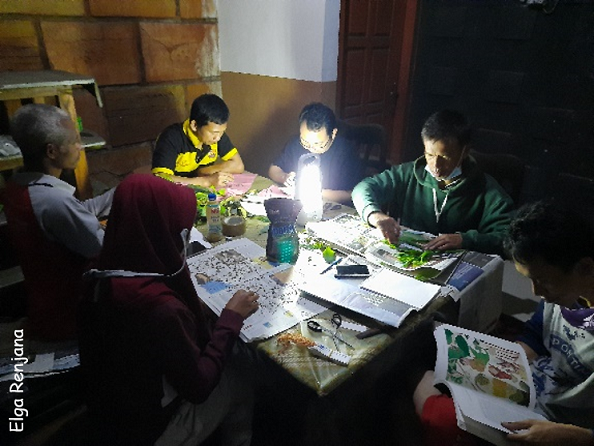 Six people sat around a table covered with various items from a seed collecting trip. One person is consulting a reference book, three people are counting seeds, another person is preparing a herbarium specimen