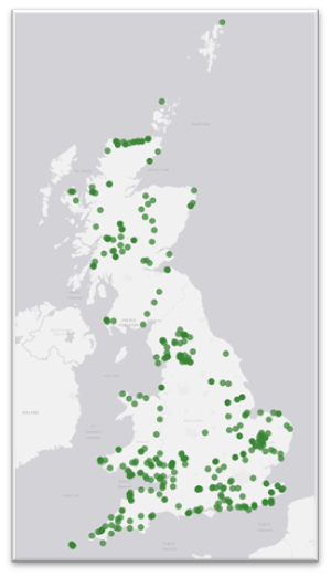 A map outline of Great Britain, with collections marked on in green dots. The dots are spread around Great Britain, with hotspots in northern coastal Scotland, Cumbria, south Wales, south-west England, Norfolk and south-east England.